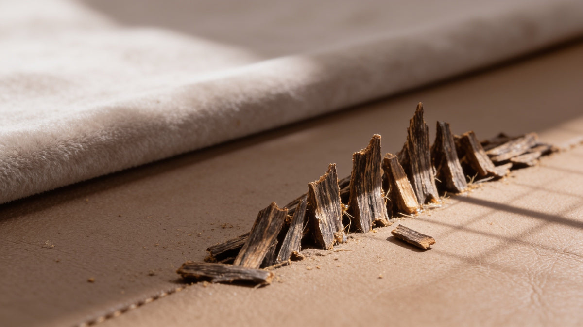 Agarwood oud chips standing on edge on taupe leather, forming a jagged ridgeline